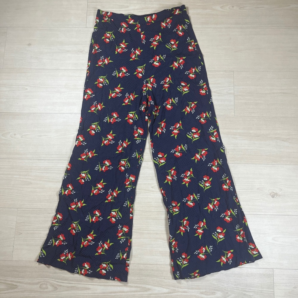 Jill Jill Stuart Navy Floral Wide Leg Pants Red Poppy Swiss Dot Viscose Sz M